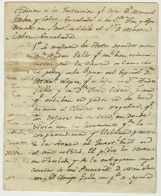 Carta de Martín Calvo a su tío Manuel Gorbea y Calvo-Encalada sobre sus bienes