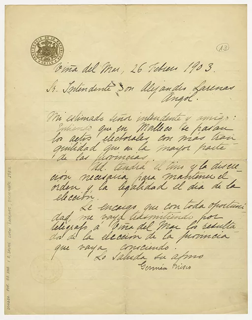 Carta del presidente Germán Riesco al Intendente de Angol Alejandro Larenas