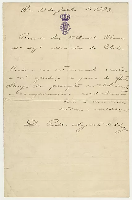 Carta de agradecimiento de Dn Pedro Augusto de Coburgo a Manuel Villamil Blanco Ministro de Chile