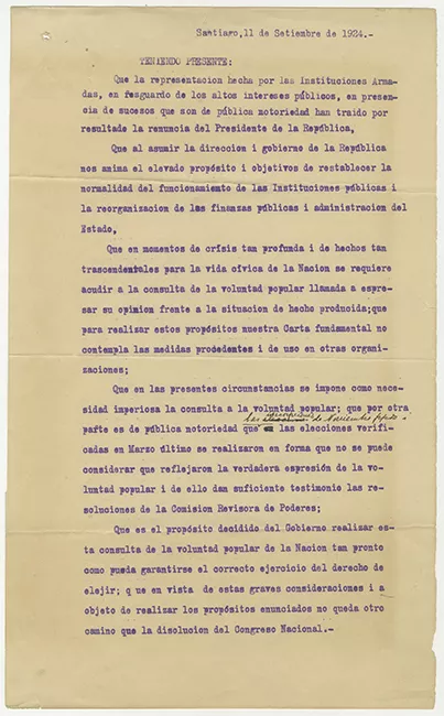 Comunicado de la renuncia del Presidente, la disolución del Congreso Nacional y la asunción de la junta militar