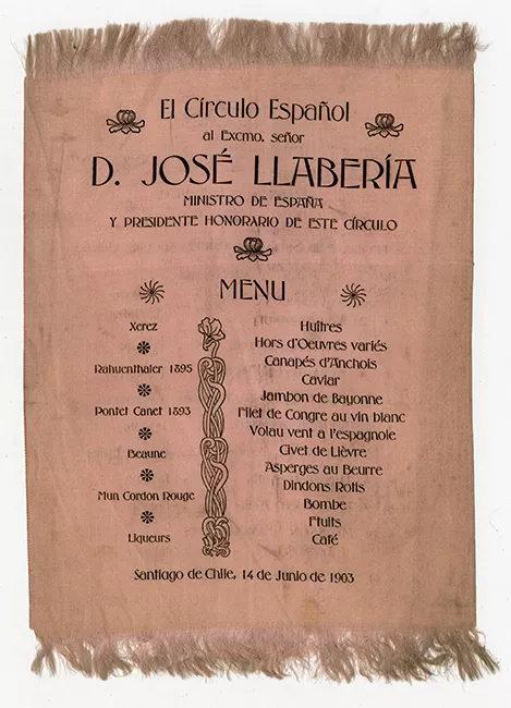 Menú de comida ofrecido por el Círculo Español al Ministro de España y Presidente Honorario de este círculo,  José Llabería