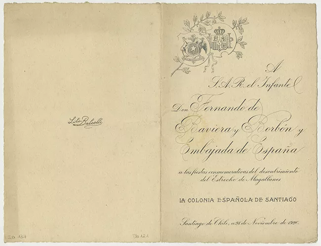 Menú al Infante Don Fernando de Baviera y Borbón y Embajada de España, a las fiestas conmemorativas del descubrimiento del Estrecho de Magallanes