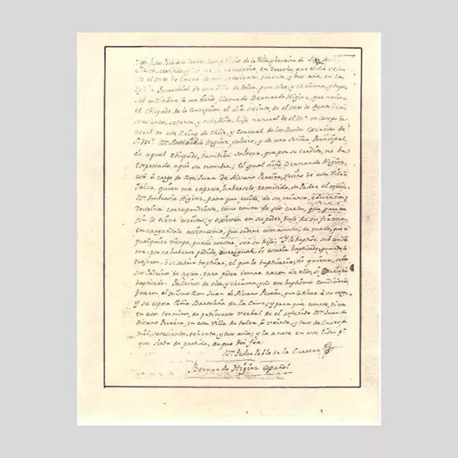 Fotocopia de la Fe de Bautismo de Don Bernardo O'Higgins R.