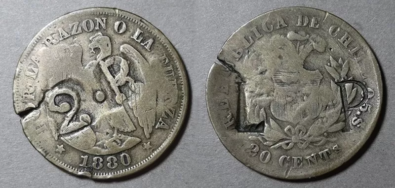 Moneda de 20 centavos (resello 2 Reales) República