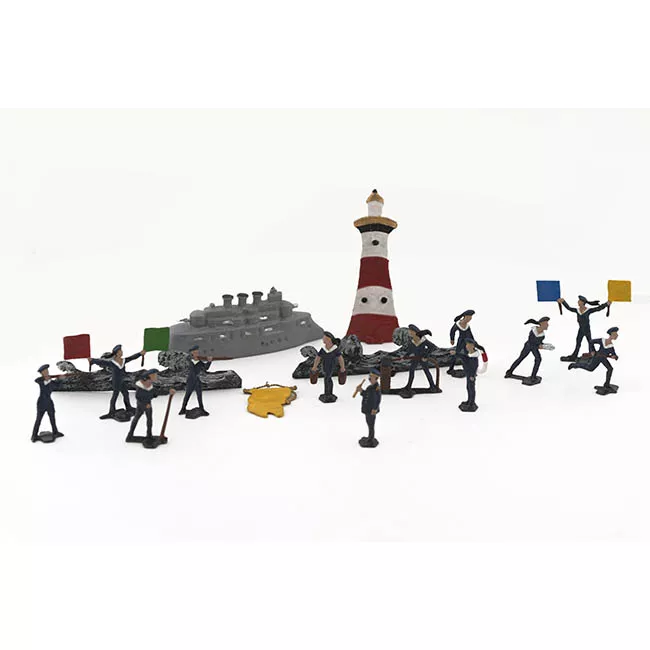 Conjunto de marineros y barcos
