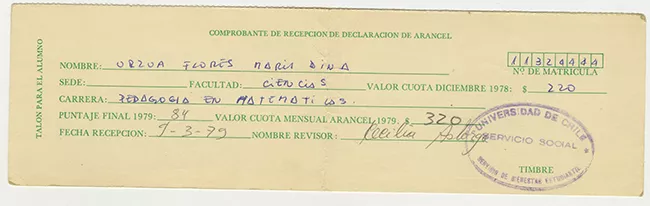 Comprobante de recepción declaración de arancel de María Urzua Flores. Universidad de Chile. 1979