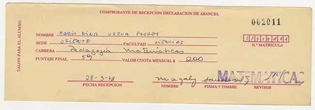 Comprobante de recepción declaración de arancel de María Urzua Flores. Universidad de Chile. 1978
