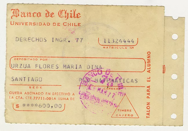 Comprobante de pago de Derechos Básicos de Ingreso de María Urzua Flores. Universidad de Chile. 1977