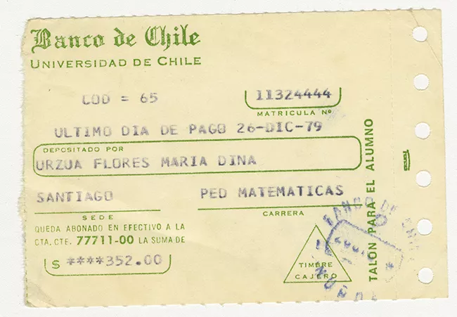 Comprobante de pago de María Urzua Flores. Universidad de Chile. Diciembre 1979