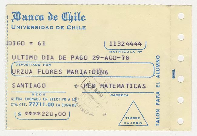 Comprobante de pago de María Urzua Flores. Universidad de Chile. Agosto 1978