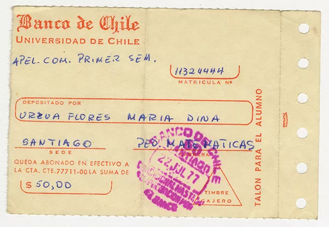 Comprobante de pago de María Urzua Flores. Universidad de Chile. Julio 1977