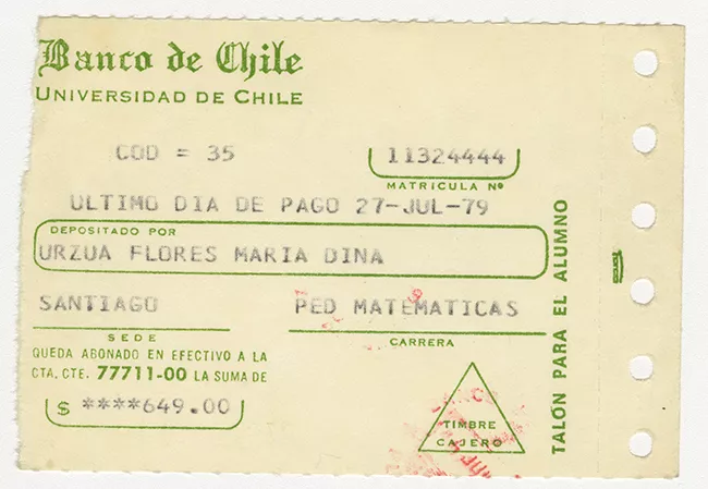 Comprobante de pago de María Urzua Flores. Universidad de Chile. Julio 1979