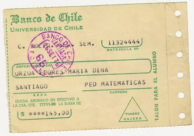 Comprobante de pago de María Urzua Flores. Universidad de Chile. Septiembre 1976