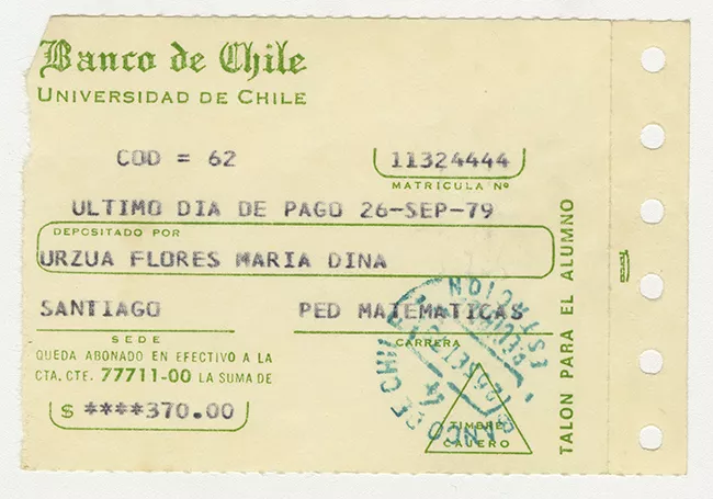 Comprobante de pago de María Urzua Flores. Universidad de Chile. Septiembre 1979