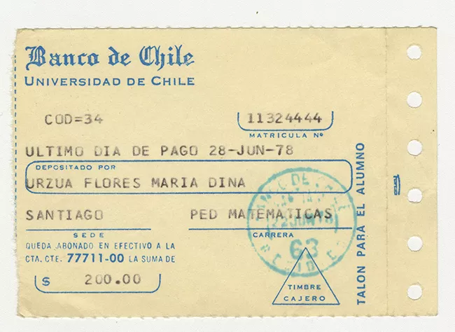 Comprobante de pago de María Urzua Flores. Universidad de Chile. Junio 1978
