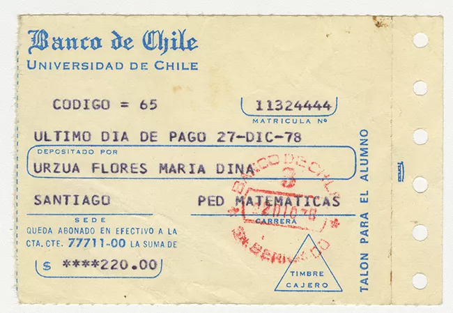 Comprobante de pago de María Urzua Flores. Universidad de Chile. Diciembre 1978