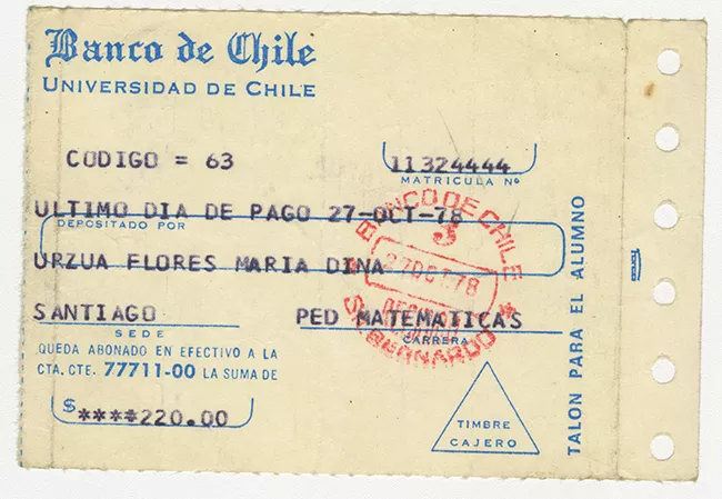 Comprobante de pago de María Urzua Flores. Universidad de Chile. Octubre 1978