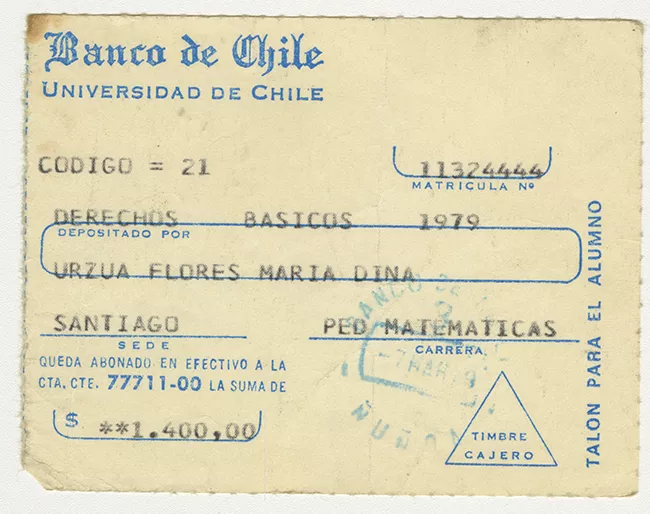 Comprobante de pago de Derechos Básicos de Ingreso de María Urzua Flores. Universidad de Chile. 1979