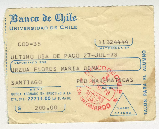 Comprobante de pago de María Urzua Flores. Universidad de Chile. Julio 1978