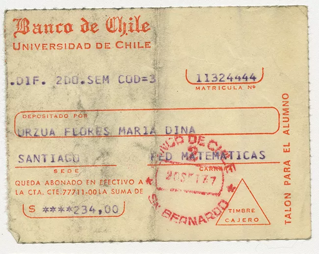 Comprobante de pago de María Urzua Flores. Universidad de Chile. Septiembre 1977