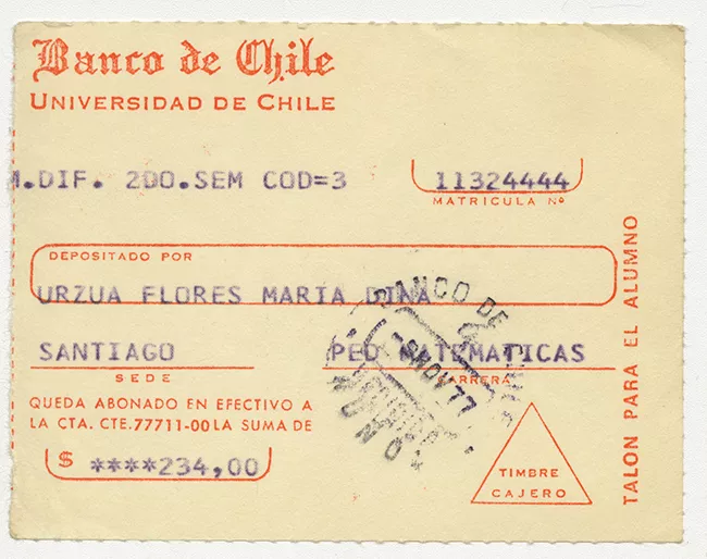 Comprobante de pago de María Urzua Flores. Universidad de Chile. Noviembre 1977