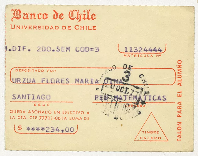 Comprobante de pago de María Urzua Flores. Universidad de Chile. Octubre 1977