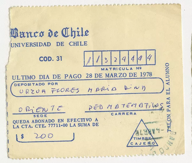 Comprobante de pago de María Urzua Flores. Universidad de Chile. Marzo 1978
