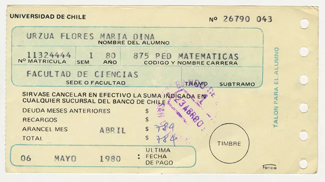 Comprobante de pago aranceles de la Universidad de Chile. Abril 1980. María Urzua Flores