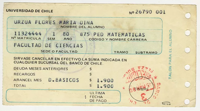Comprobante de pago aranceles de la Universidad de Chile. María Urzua Flores