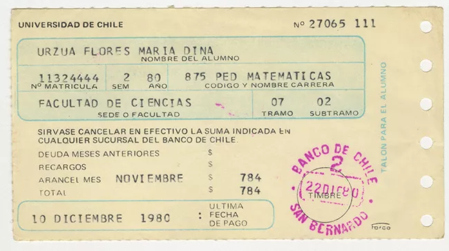 Comprobante de pago aranceles de la Universidad de Chile. Noviembre 1980.  María Urzua Flores