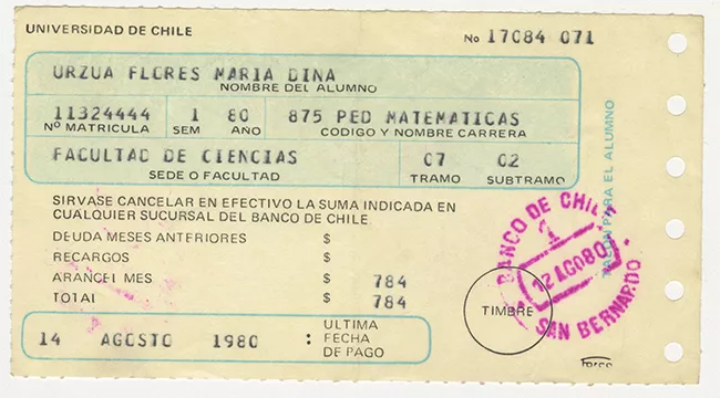 Comprobante de pago aranceles de la Universidad de Chile. María Urzua Flores