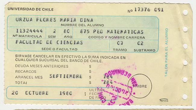 Comprobante de pago aranceles de la Universidad de Chile. Septiembre 1980.  María Urzua Flores