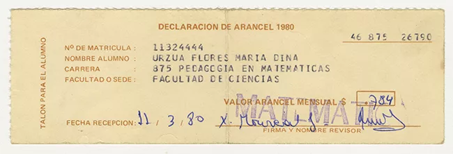 Comprobante de recepción declaración de arancel de María Urzua Flores. Universidad de Chile. 1980