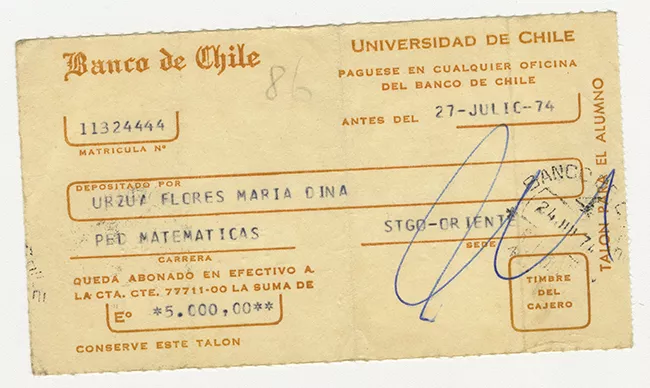 Comprobante de pago de María Urzua Flores. Universidad de Chile. Julio 1974