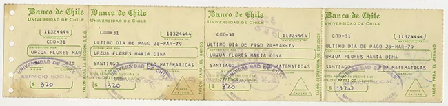 Comprobante de pago de María Urzua Flores. Universidad de Chile. Marzo 1979