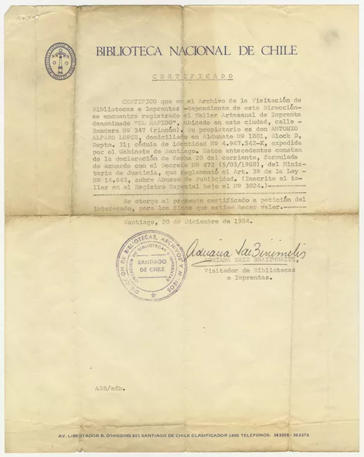 Certificado de la Biblioteca Nacional 