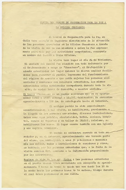 Documento visita del comité de Cooperación para la Paz a la Oficina de detención de prisioneros políticos Chacabuco