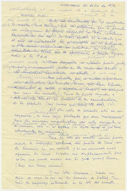 Carta de Hernán Guajardo a sus hijos durante su detención en Oficina Chacabuco 1973