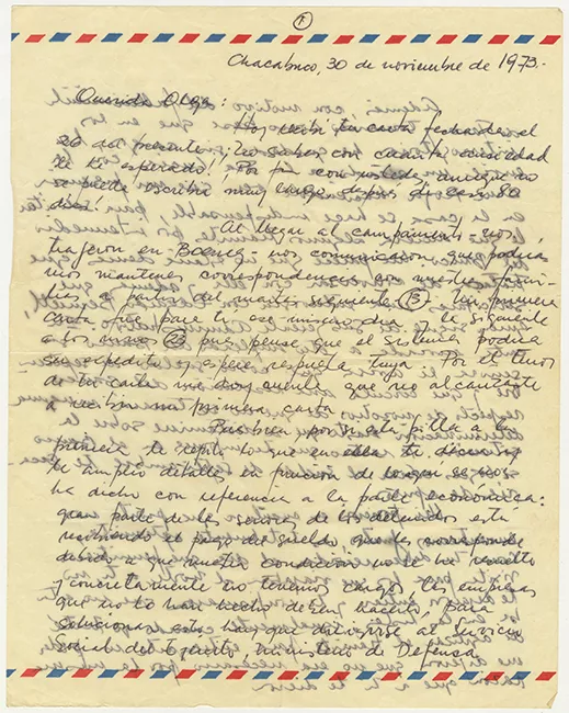 Carta de Hernán Guajardo a Olga Rives durante su detención en Oficina Chacabuco 1973