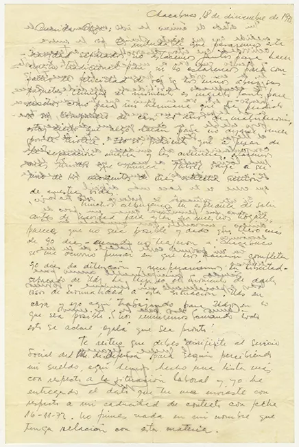 Carta de Hernán Guajardo a Olga Rives durante su detención en Oficina Chacabuco 1973