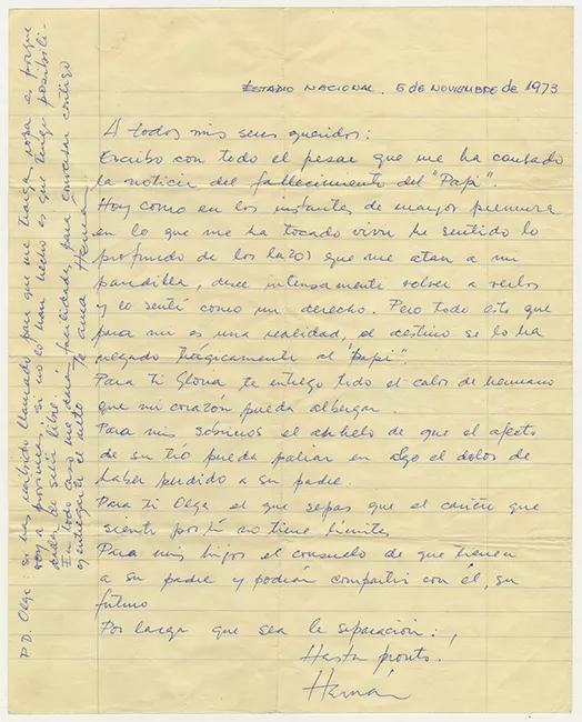 Carta de Hernán Guajardo a sus seres queridos durante detención en Estadio Nacional 1973