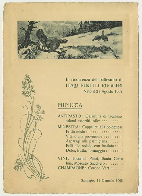 Menú de almuerzo realizado en ocasión del bautismo de Italo Penelli Ruggeri 