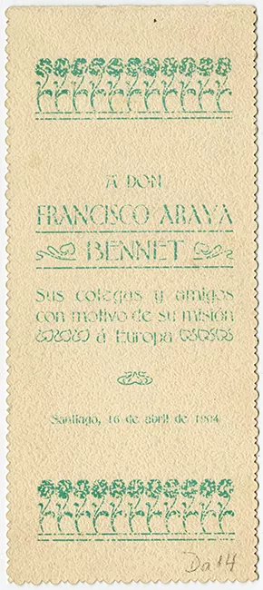 Menú de comida ofrecida a Francisco Araya Bennet con motivo de su misión a Europa