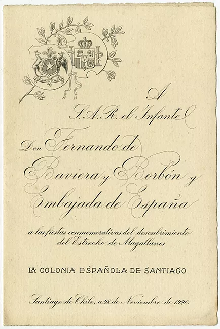 Menú de comida ofrecida por la Colonia Española de Santiago a don Fernando de Baviera y Borbón y Embajada de España con motivo de las fiesta conmemorativas del descubrimiento del Estrecho de Magallanes