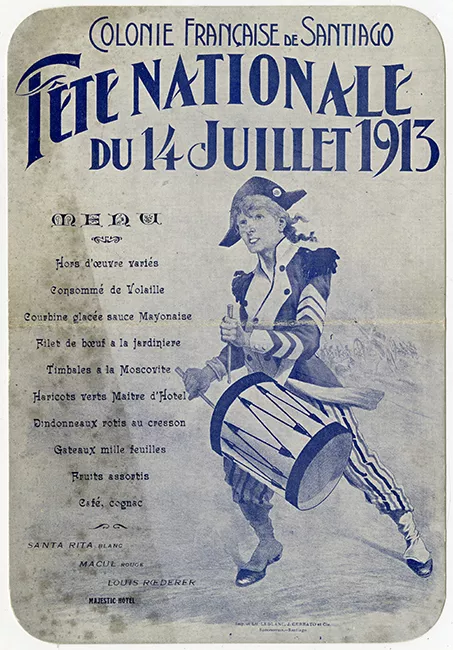 Menú de comida ofrecida por la Colonia Francesa de Santiago, con motivo de la Fête nationale  (Fiesta Nacional) 