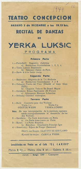 Hoja con el programa del recital de danza moderna de Yerka Luksic  y dos recortes de prensa sobre el recital