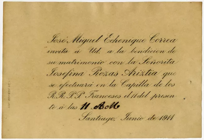 Invitación a la bendición de matrimonio de José Miguel Echeñique Correa y Josefina Rozas Ariztía