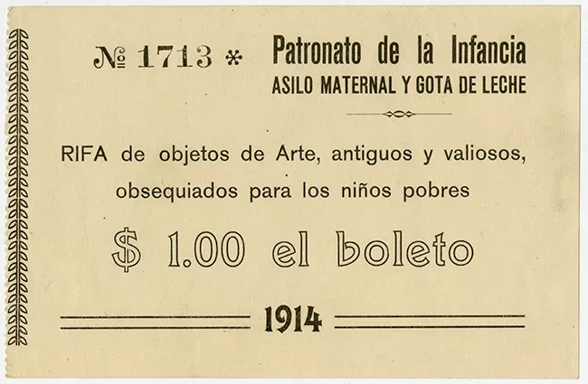 Boleto de rifa  N°1713 Patronato de la infancia. Asilo maternal y Gota de leche