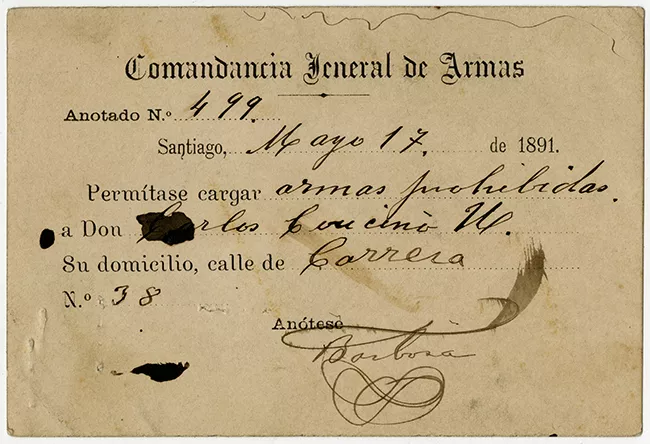 Tarjeta de autorización de la Comandancia General de Armas a Carlos Cancino