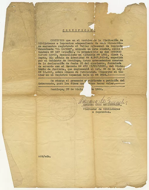 Certificado de el Archivo de la Visitación. Dirección de Bibliotecas, Archivos y Museos.